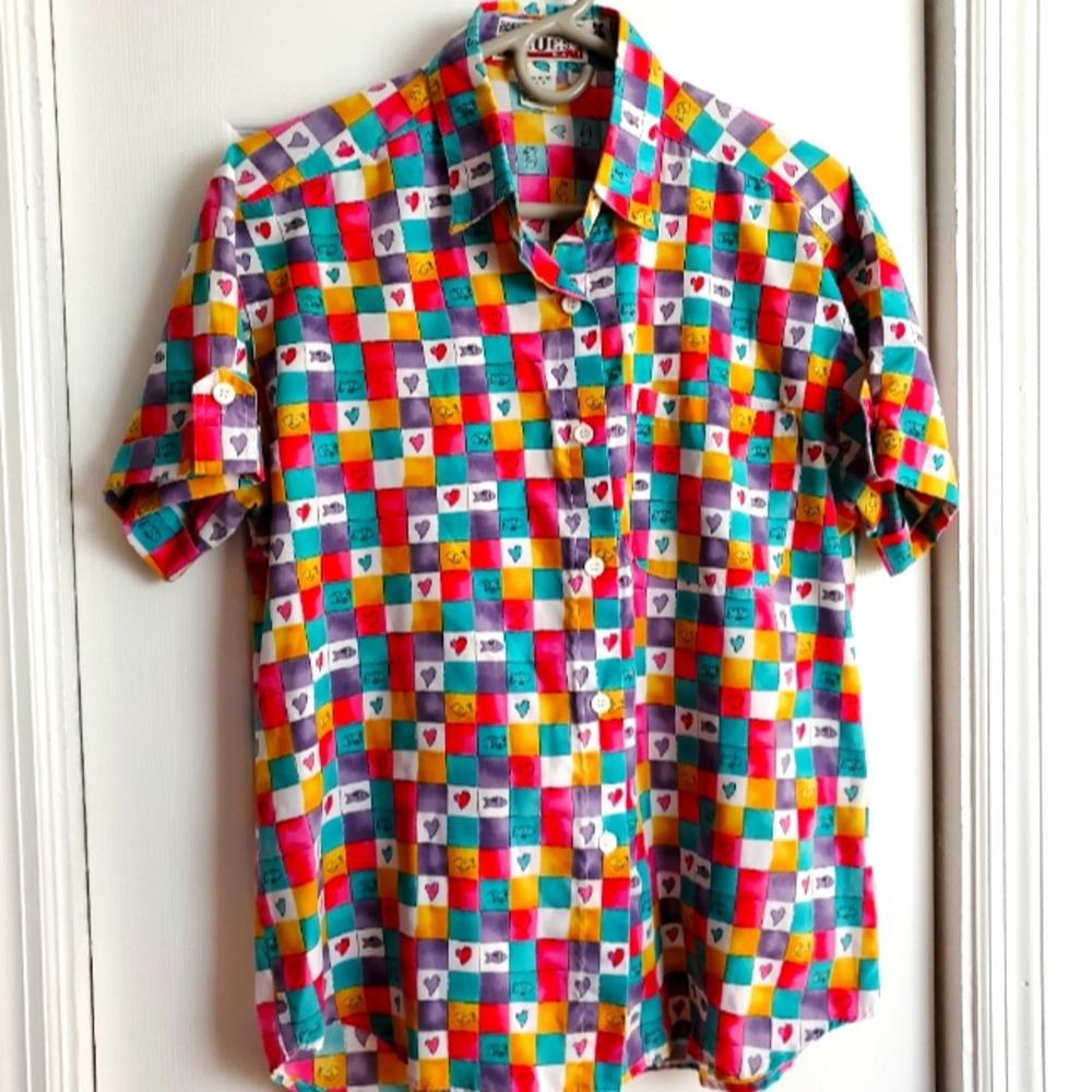 Vintage Cool Blues Button Up Heart Fish Shirt